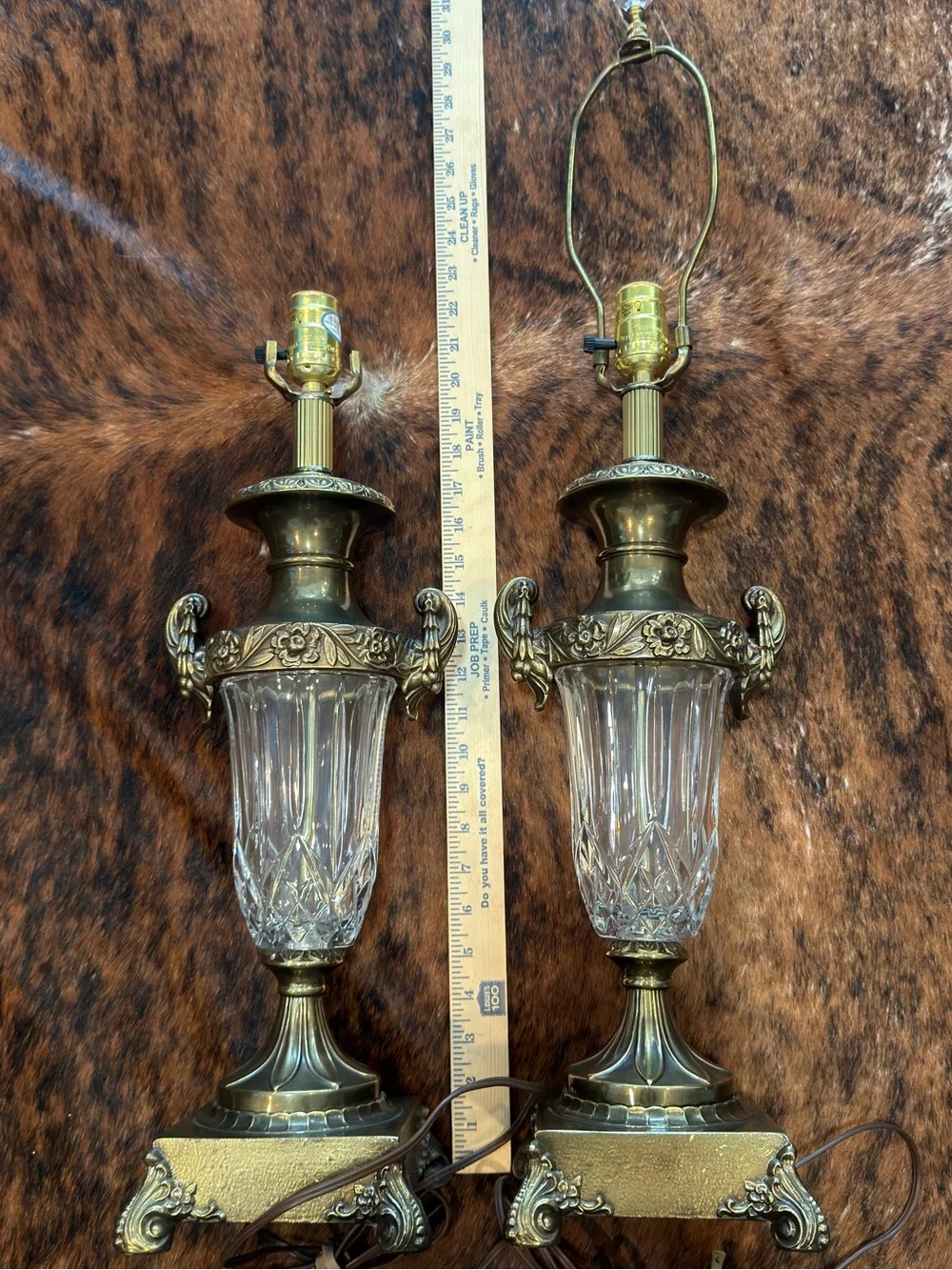 Vintage 1960’s Stiffel Hollywood Regency Brass & Crystal Urn Table Lamps F159